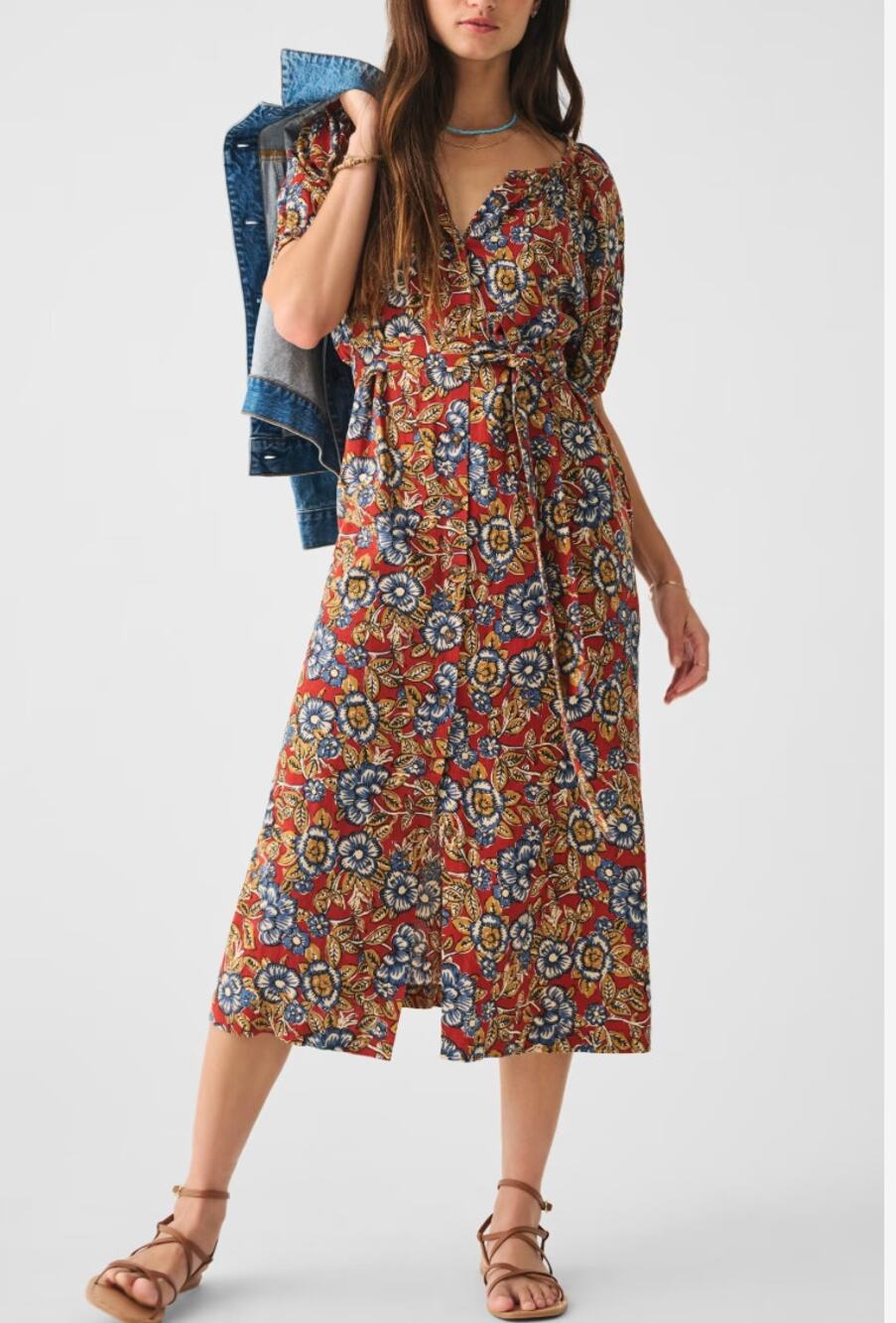 FAHERTY NWT Carmel Linen Blend Tie Waist Red Floral Button Down Midi Dress // M